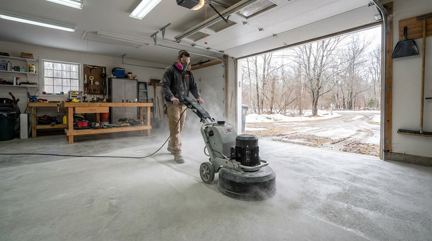 Diamond grinding concrete surface preparation for epoxy flooring in Keene New Hampshire garage Cheshire County Monadnock region
