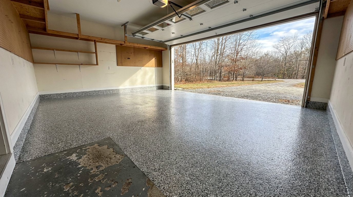Epoxy garage floor coating in Keene New Hampshire Cheshire County Monadnock region flake finish diamond ground prep