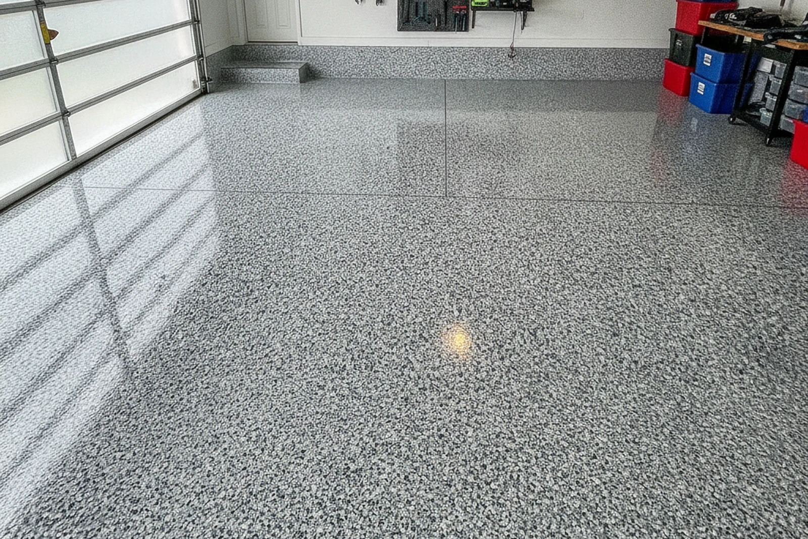 Epoxy garage floor flake system Keene New Hampshire Cheshire County Monadnock region diamond ground polyurethane topcoat Ryan