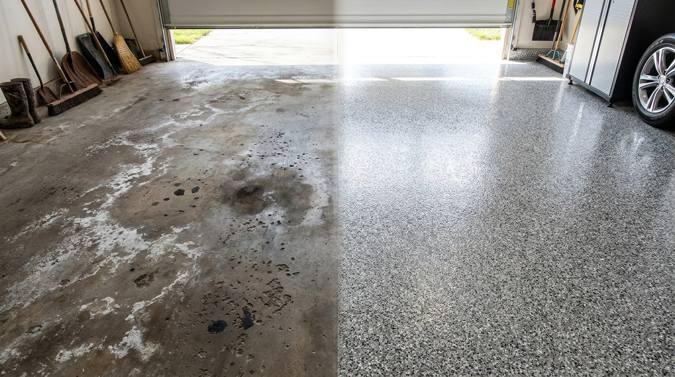 Garage floor epoxy before and after Keene New Hampshire Cheshire County salt damage diamond ground flake finish transformation